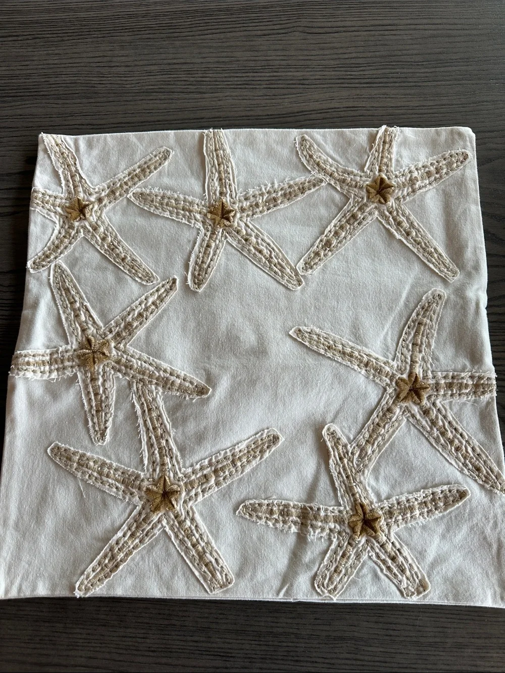 Pottery Barn Embroidered Starfish Cotton Pillow Cover 18” Cream & Beige